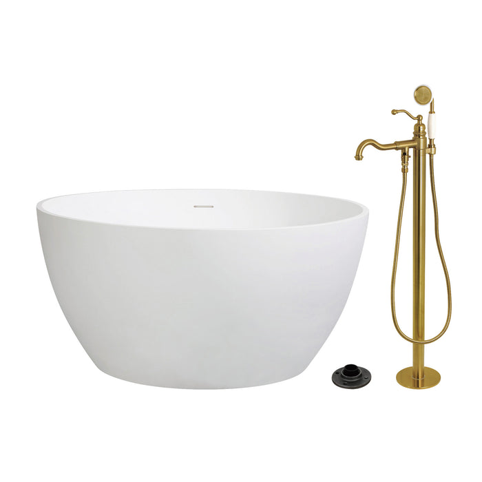 Kingston Tulare KRTRO4545137AL - Arcticstone 45-Inch Solid Surface Round Double Ended Freestanding Tub with Faucet Combo and Drain, Brushed Brass