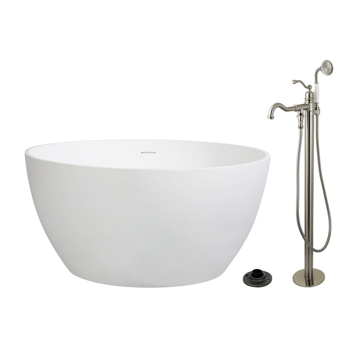 Kingston Tulare KRTRO4545138AL - Arcticstone 45-Inch Solid Surface Round Double Ended Freestanding Tub with Faucet Combo and Drain, Brushed Nickel