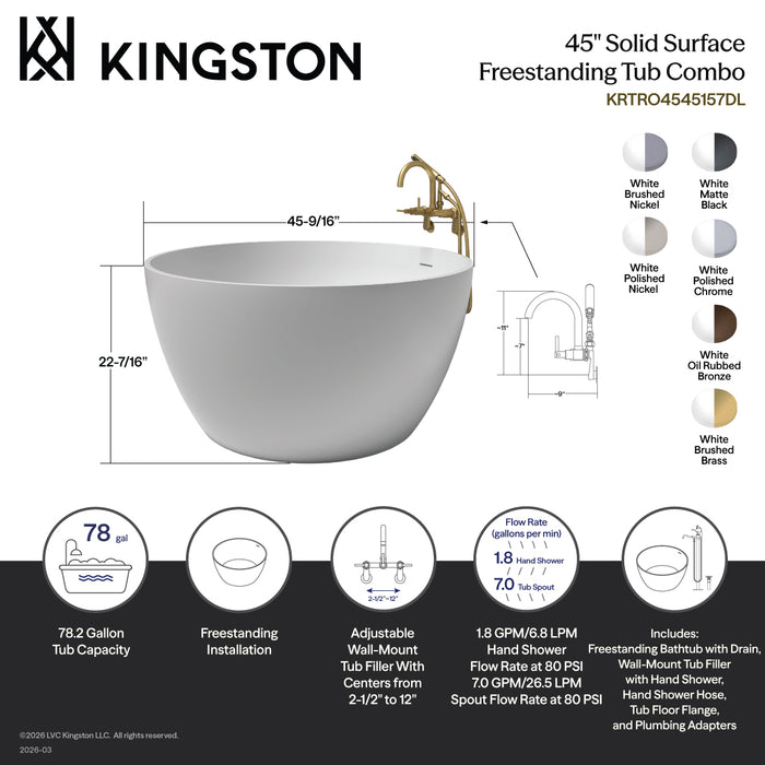 Kingston Arcticstone KRTRO4545155DL 45-Inch Solid Surface Round Double Ended Freestanding Tub with Faucet Combo and Drain, Oil Rubbed Bronze