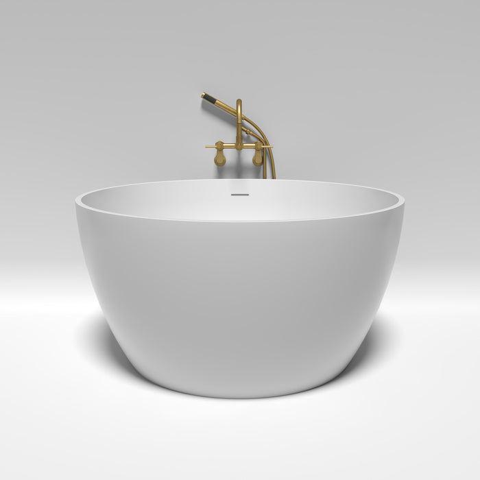 Kingston Arcticstone KRTRO4545157DL 45-Inch Solid Surface Round Double Ended Freestanding Tub with Faucet Combo and Drain, Brushed Brass