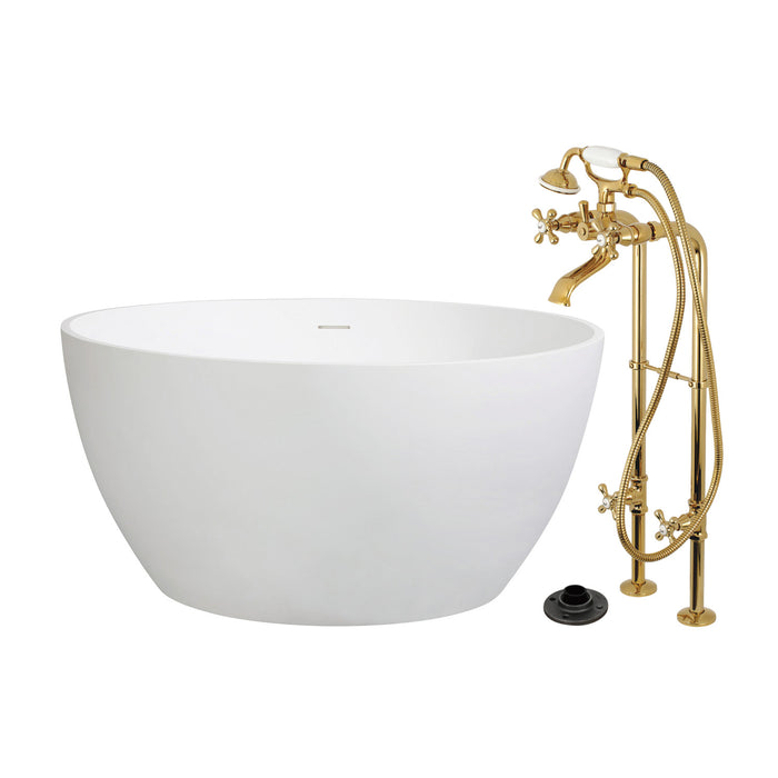 Kingston Tulare KRTRO4545266K2 - Arcticstone 45-Inch Solid Surface Round Double Ended Freestanding Tub with Faucet Combo and Drain, Polished Brass