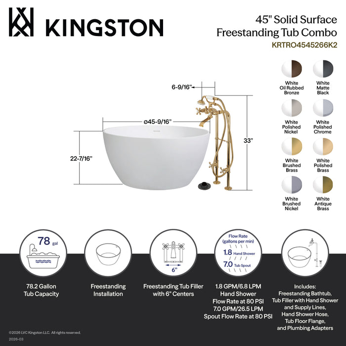 Kingston Tulare KRTRO4545266K3 - Arcticstone 45-Inch Solid Surface Round Double Ended Freestanding Tub with Faucet Combo and Drain, Antique Brass