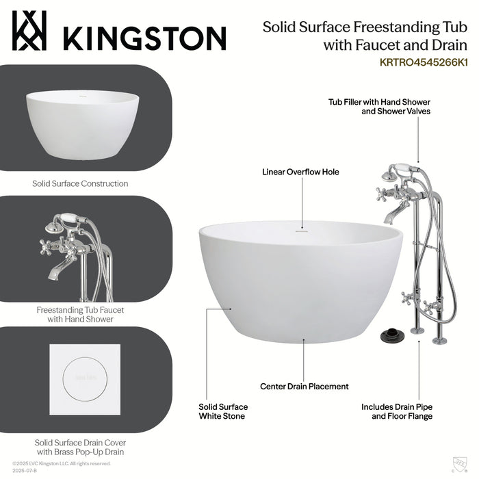 Kingston Tulare KRTRO4545266K5 - Arcticstone 45-Inch Solid Surface Round Double Ended Freestanding Tub with Faucet Combo and Drain, Oil Rubbed Bronze