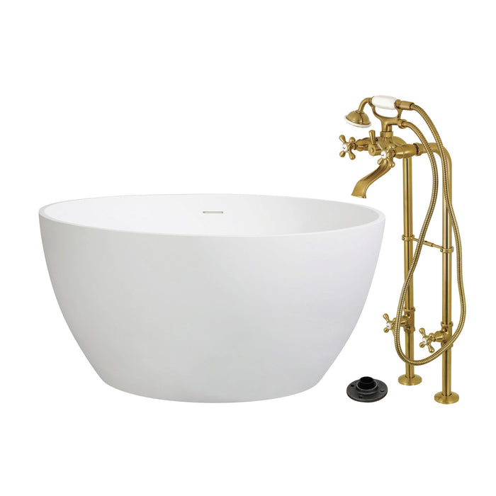 Kingston Tulare KRTRO4545266K7 - Arcticstone 45-Inch Solid Surface Round Double Ended Freestanding Tub with Faucet Combo and Drain, Brushed Brass