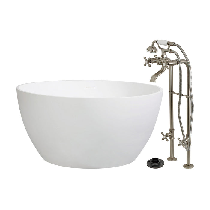 Kingston Tulare KRTRO4545266K8 - Arcticstone 45-Inch Solid Surface Round Double Ended Freestanding Tub with Faucet Combo and Drain, Brushed Nickel