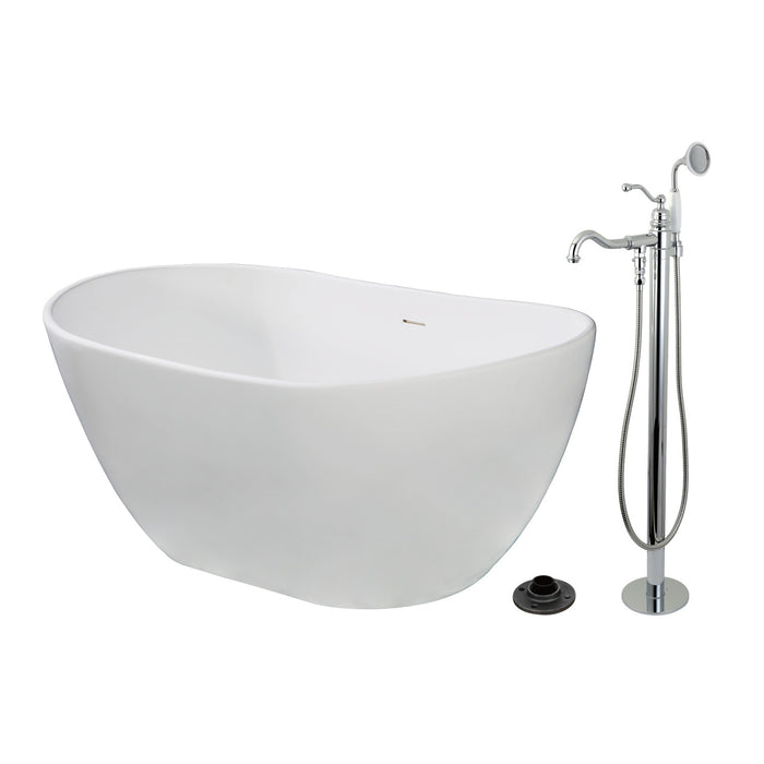 Kingston Tulare KRTRS5732131AL - Arcticstone 57-Inch Solid Surface Oval Double Slipper Freestanding Tub with Faucet Combo and Drain, Polished Chrome