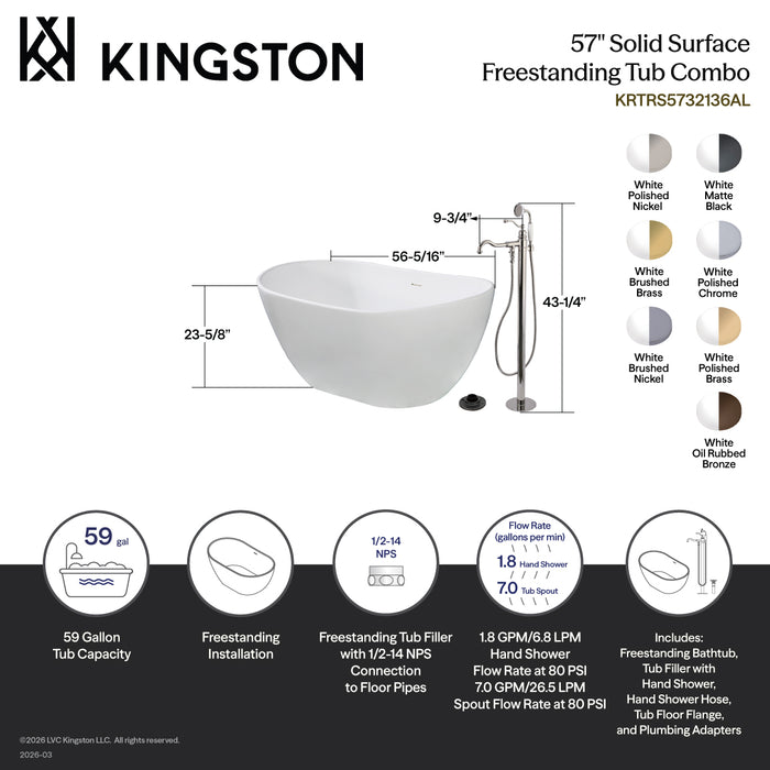 Kingston Tulare KRTRS5732136AL - Arcticstone 57-Inch Solid Surface Oval Double Slipper Freestanding Tub with Faucet Combo and Drain, Polished Nickel