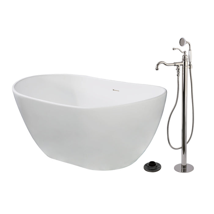 Kingston Tulare KRTRS5732136AL - Arcticstone 57-Inch Solid Surface Oval Double Slipper Freestanding Tub with Faucet Combo and Drain, Polished Nickel