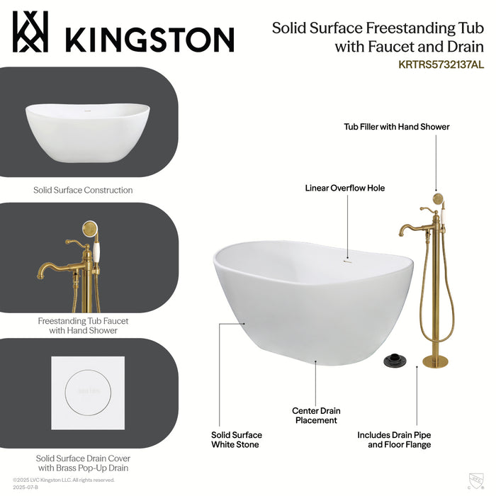 Kingston Tulare KRTRS5732138AL - Arcticstone 57-Inch Solid Surface Oval Double Slipper Freestanding Tub with Faucet Combo and Drain, Brushed Nickel