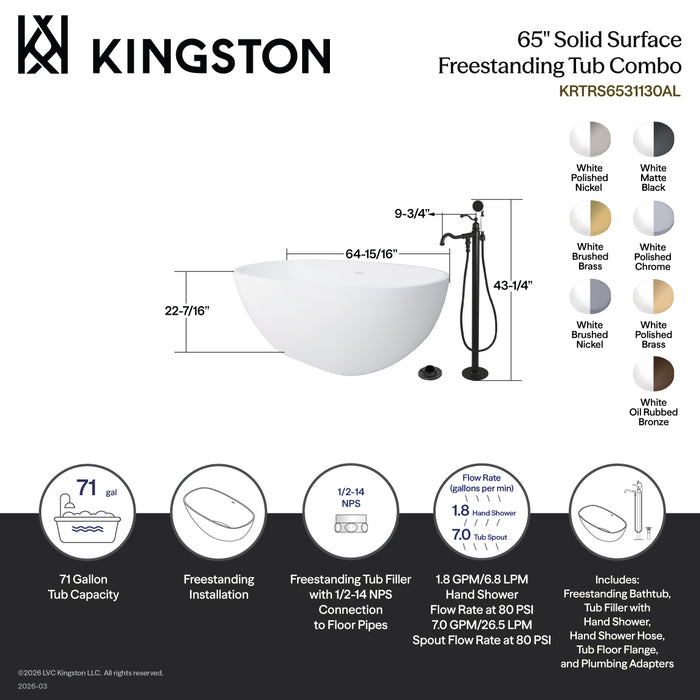 Kingston Tulare KRTRS6531130AL - Arcticstone 65-Inch Solid Surface Oval Double Ended Freestanding Tub with Faucet Combo and Drain, Matte Black
