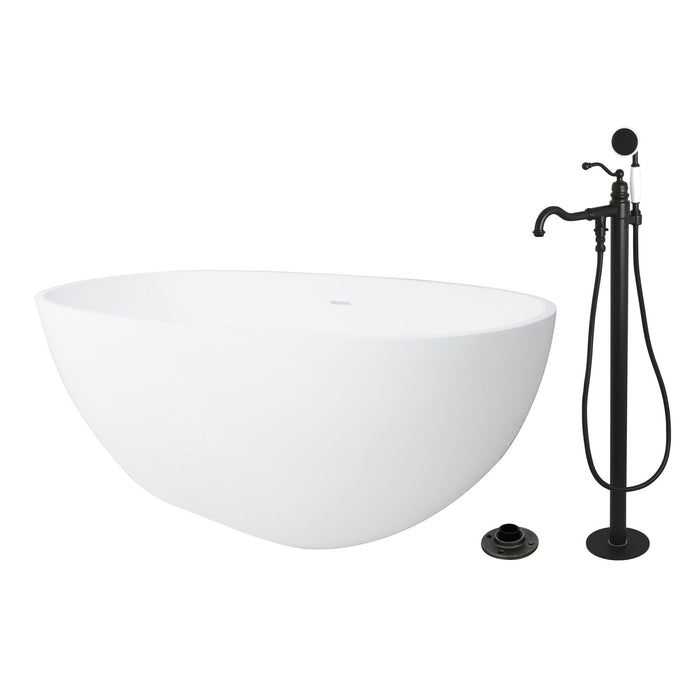 Kingston Tulare KRTRS6531130AL - Arcticstone 65-Inch Solid Surface Oval Double Ended Freestanding Tub with Faucet Combo and Drain, Matte Black