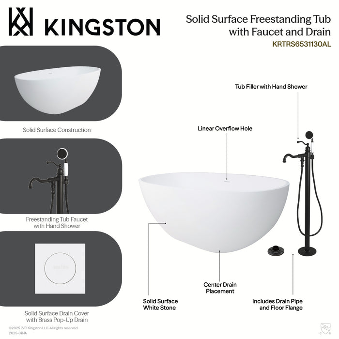 Kingston Tulare KRTRS6531131AL - Arcticstone 65-Inch Solid Surface Oval Double Ended Freestanding Tub with Faucet Combo and Drain, Polished Chrome