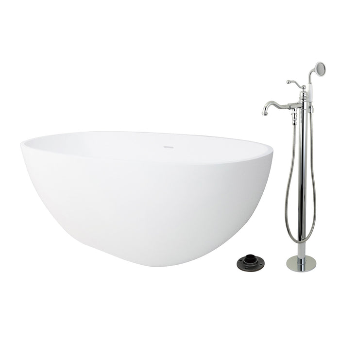 Kingston Tulare KRTRS6531131AL - Arcticstone 65-Inch Solid Surface Oval Double Ended Freestanding Tub with Faucet Combo and Drain, Polished Chrome