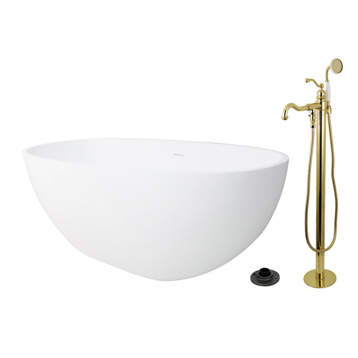 Kingston Tulare KRTRS6531132AL - Arcticstone 65-Inch Solid Surface Oval Double Ended Freestanding Tub with Faucet Combo and Drain, Polished Brass