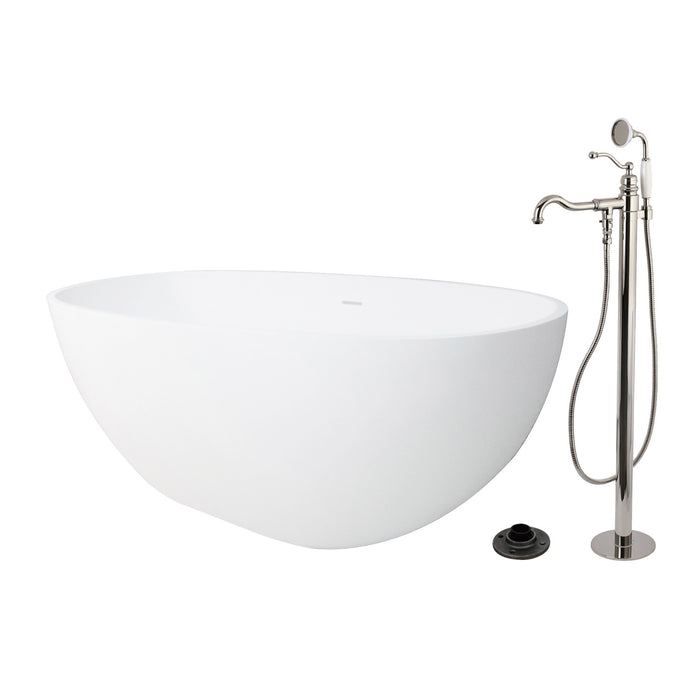 Kingston Tulare KRTRS6531136AL - Arcticstone 65-Inch Solid Surface Oval Double Ended Freestanding Tub with Faucet Combo and Drain, Polished Nickel