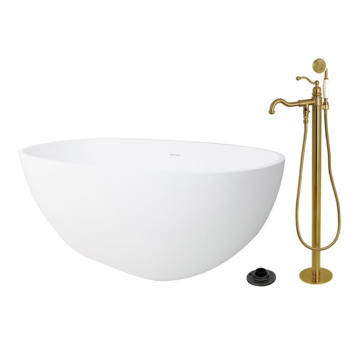 Kingston Tulare KRTRS6531137AL - Arcticstone 65-Inch Solid Surface Oval Double Ended Freestanding Tub with Faucet Combo and Drain, Brushed Brass