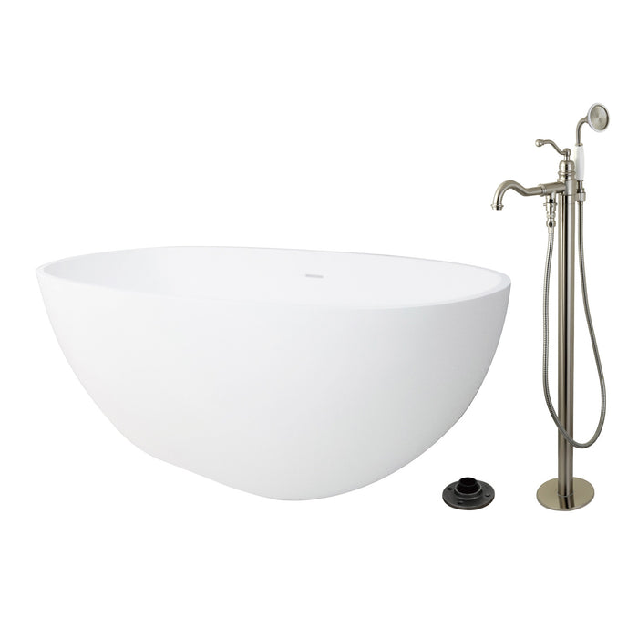 Kingston Tulare KRTRS6531138AL - Arcticstone 65-Inch Solid Surface Oval Double Ended Freestanding Tub with Faucet Combo and Drain, Brushed Nickel