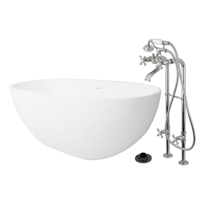 Kingston Tulare KRTRS6531266K1 - Arcticstone 65-Inch Solid Surface Oval Double Ended Freestanding Tub with Faucet Combo and Drain, Polished Chrome