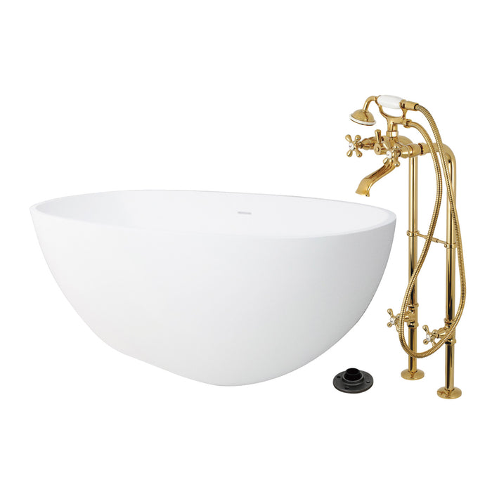 Kingston Tulare KRTRS6531266K2 - Arcticstone 65-Inch Solid Surface Oval Double Ended Freestanding Tub with Faucet Combo and Drain, Polished Brass