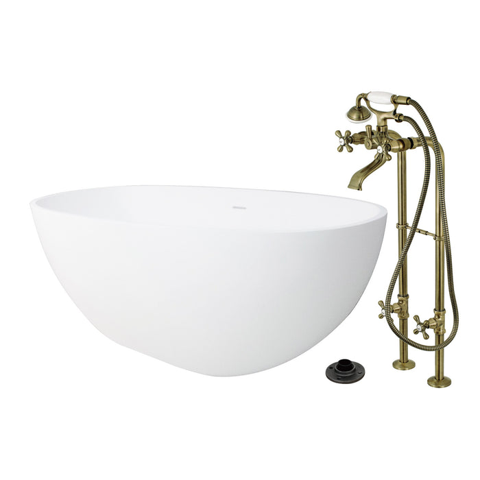 Kingston Tulare KRTRS6531266K3 - Arcticstone 65-Inch Solid Surface Oval Double Ended Freestanding Tub with Faucet Combo and Drain, Antique Brass
