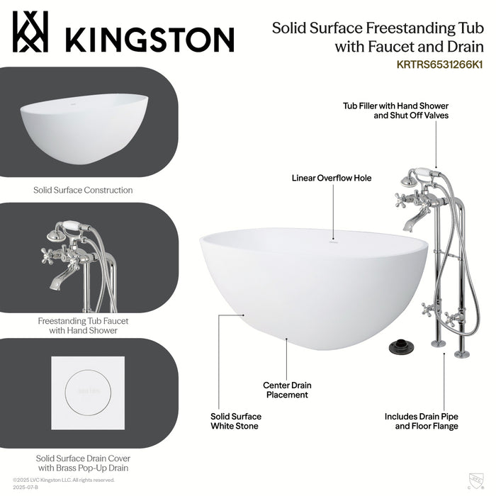 Kingston Tulare KRTRS6531266K5 - Arcticstone 65-Inch Solid Surface Oval Double Ended Freestanding Tub with Faucet Combo and Drain, Oil Rubbed Bronze