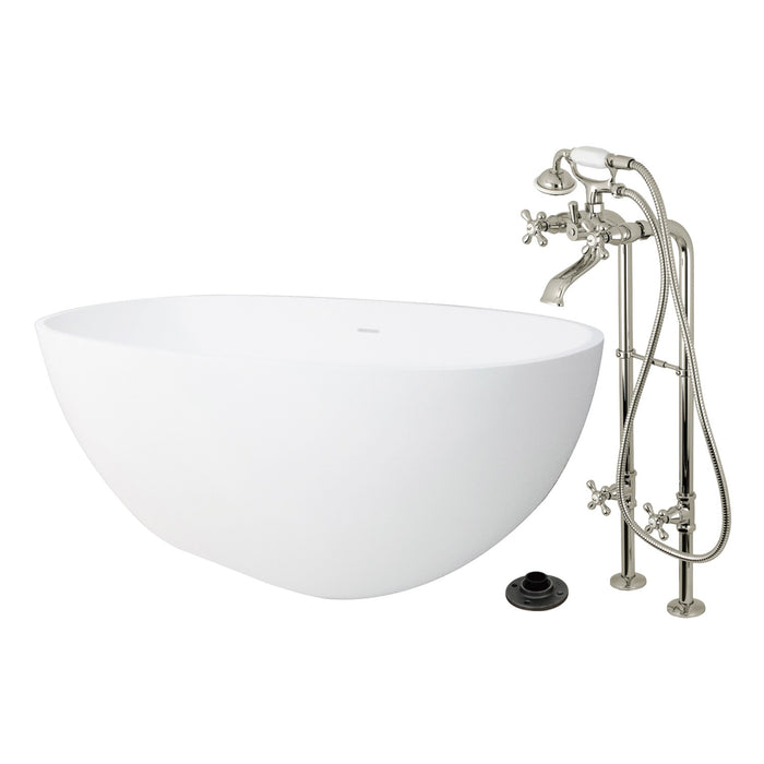 Kingston Tulare KRTRS6531266K6 - Arcticstone 65-Inch Solid Surface Oval Double Ended Freestanding Tub with Faucet Combo and Drain, Polished Nickel