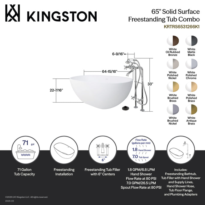 Kingston Tulare KRTRS6531266K7 - Arcticstone 65-Inch Solid Surface Oval Double Ended Freestanding Tub with Faucet Combo and Drain, Brushed Brass