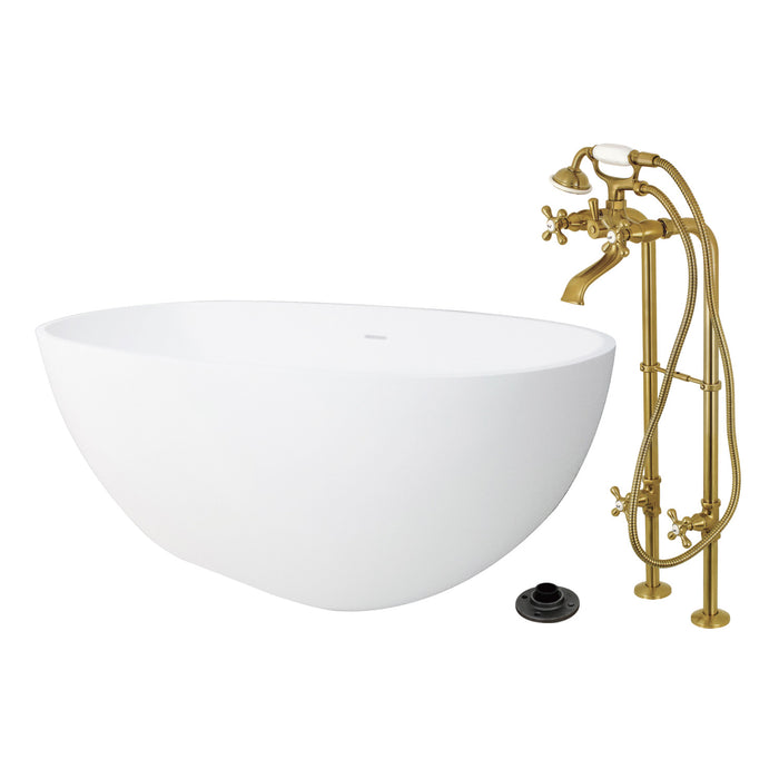 Kingston Tulare KRTRS6531266K7 - Arcticstone 65-Inch Solid Surface Oval Double Ended Freestanding Tub with Faucet Combo and Drain, Brushed Brass