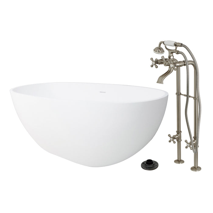 Kingston Tulare KRTRS6531266K8 - Arcticstone 65-Inch Solid Surface Oval Double Ended Freestanding Tub with Faucet Combo and Drain, Brushed Nickel