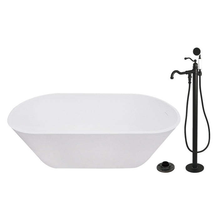 Kingston Tulare KRTRS6731130AL - Arcticstone 67-Inch Solid Surface Oval Double Ended Freestanding Tub with Faucet Combo and Drain, Matte Black