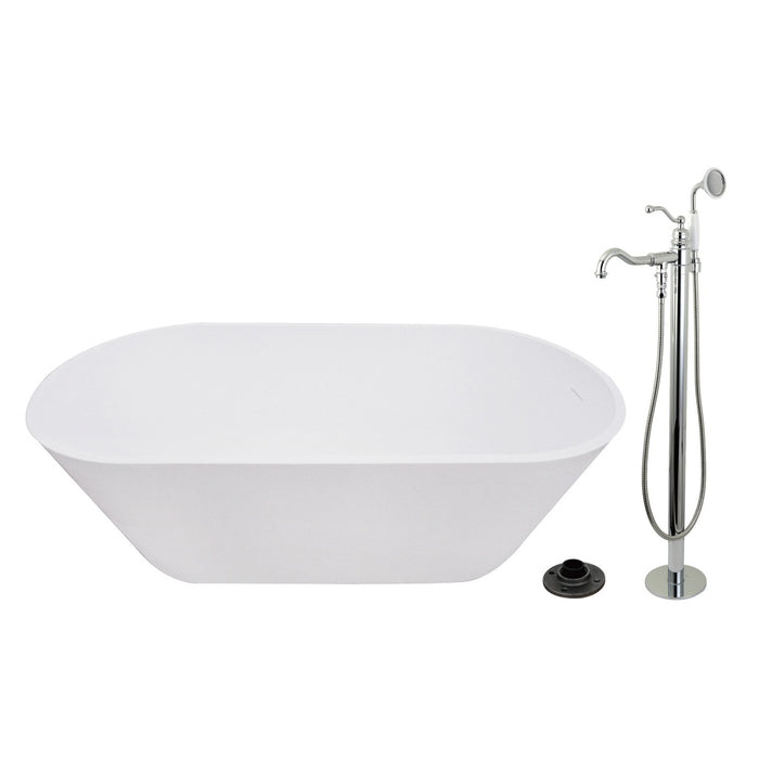 Kingston Tulare KRTRS6731131AL - Arcticstone 67-Inch Solid Surface Oval Double Ended Freestanding Tub with Faucet Combo and Drain, Polished Chrome
