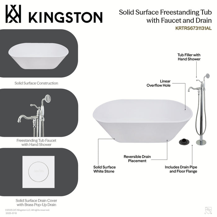 Kingston Tulare KRTRS6731132AL - Arcticstone 67-Inch Solid Surface Oval Double Ended Freestanding Tub with Faucet Combo and Drain, Polished Brass