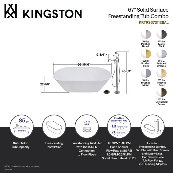 Kingston Tulare KRTRS6731132AL - Arcticstone 67-Inch Solid Surface Oval Double Ended Freestanding Tub with Faucet Combo and Drain, Polished Brass