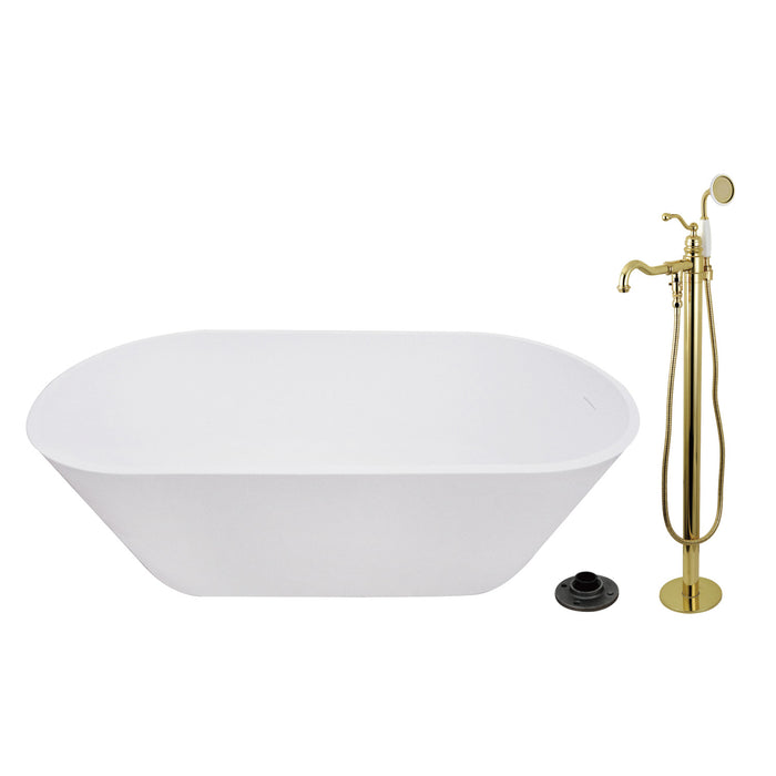 Kingston Tulare KRTRS6731132AL - Arcticstone 67-Inch Solid Surface Oval Double Ended Freestanding Tub with Faucet Combo and Drain, Polished Brass