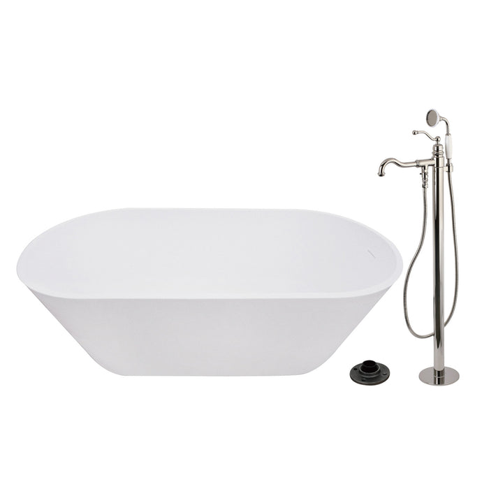 Kingston Tulare KRTRS6731136AL - Arcticstone 67-Inch Solid Surface Oval Double Ended Freestanding Tub with Faucet Combo and Drain, Polished Nickel
