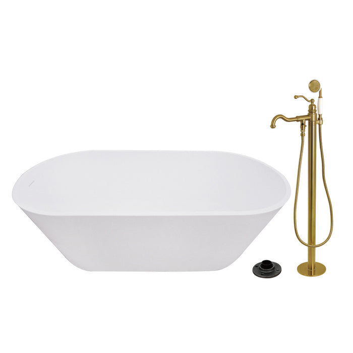 Kingston Tulare KRTRS6731137AL - Arcticstone 67-Inch Solid Surface Oval Double Ended Freestanding Tub with Faucet Combo and Drain, Brushed Brass