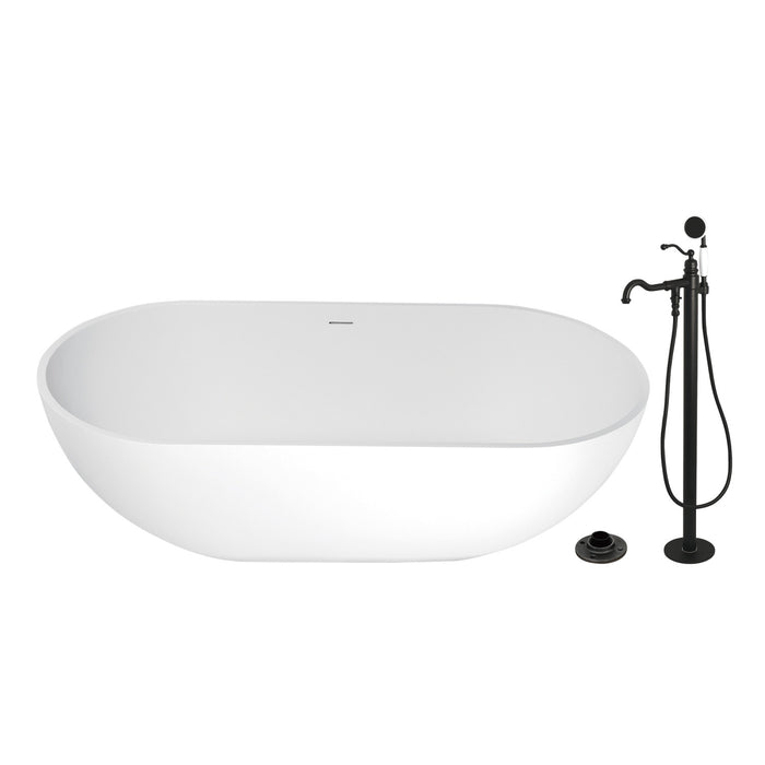 Kingston Tulare KRTRS7035130AL - Arcticstone 70-Inch Solid Surface Oval Double Ended Freestanding Tub with Faucet Combo and Drain, Matte Black