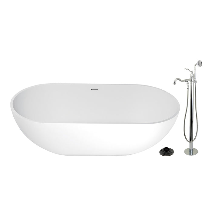 Kingston Tulare KRTRS7035131AL - Arcticstone 70-Inch Solid Surface Oval Double Ended Freestanding Tub with Faucet Combo and Drain, Polished Chrome