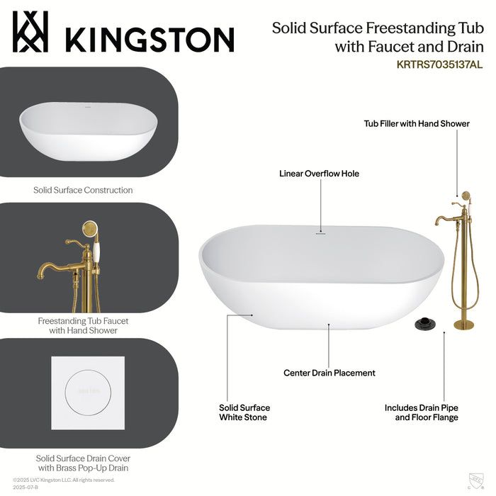Kingston Tulare KRTRS7035132AL - Arcticstone 70-Inch Solid Surface Oval Double Ended Freestanding Tub with Faucet Combo and Drain, Polished Brass