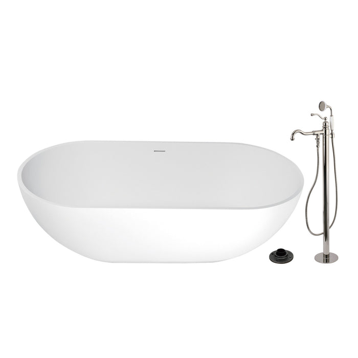 Kingston Tulare KRTRS7035136AL - Arcticstone 70-Inch Solid Surface Oval Double Ended Freestanding Tub with Faucet Combo and Drain, Polished Nickel