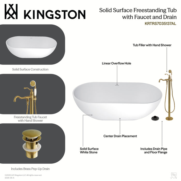 Kingston Tulare KRTRS7035137AL - Arcticstone 70-Inch Solid Surface Oval Double Ended Freestanding Tub with Faucet Combo and Drain, Brushed Brass