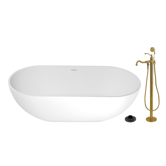 Kingston Tulare KRTRS7035137AL - Arcticstone 70-Inch Solid Surface Oval Double Ended Freestanding Tub with Faucet Combo and Drain, Brushed Brass