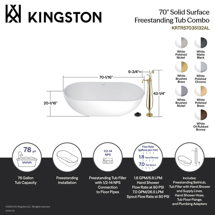 Kingston Tulare KRTRS7035138AL - Arcticstone 70-Inch Solid Surface Oval Double Ended Freestanding Tub with Faucet Combo and Drain, Brushed Nickel
