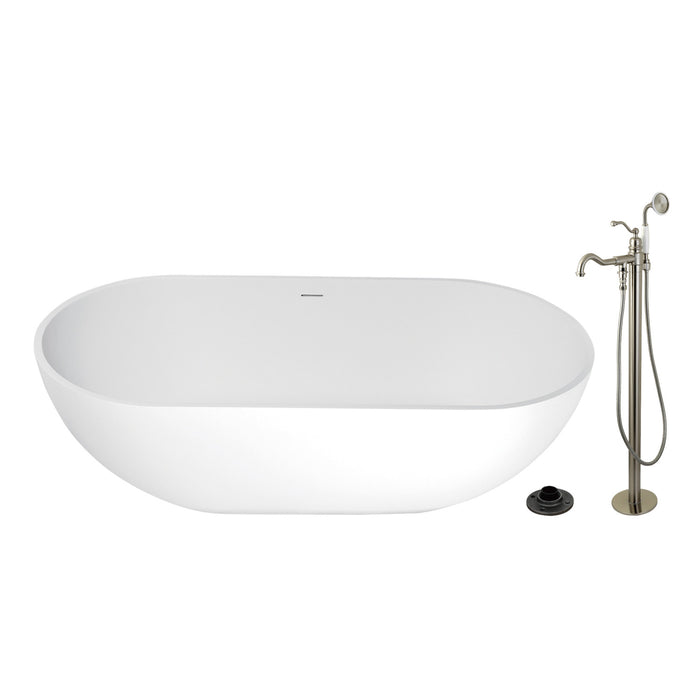 Kingston Tulare KRTRS7035138AL - Arcticstone 70-Inch Solid Surface Oval Double Ended Freestanding Tub with Faucet Combo and Drain, Brushed Nickel