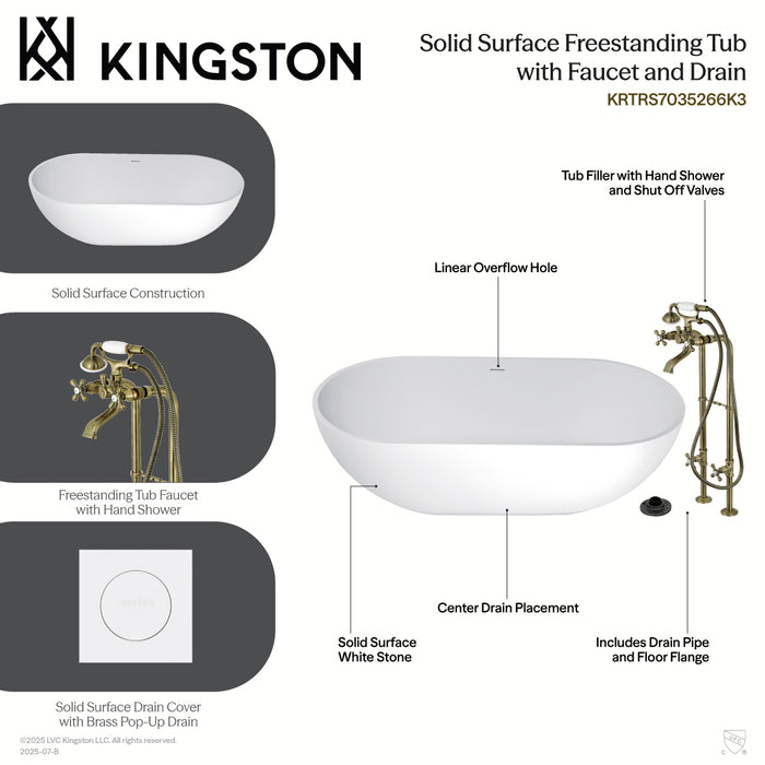 Kingston Tulare KRTRS7035266K0 - Arcticstone 70-Inch Solid Surface Oval Double Ended Freestanding Tub with Faucet Combo and Drain, Matte Black