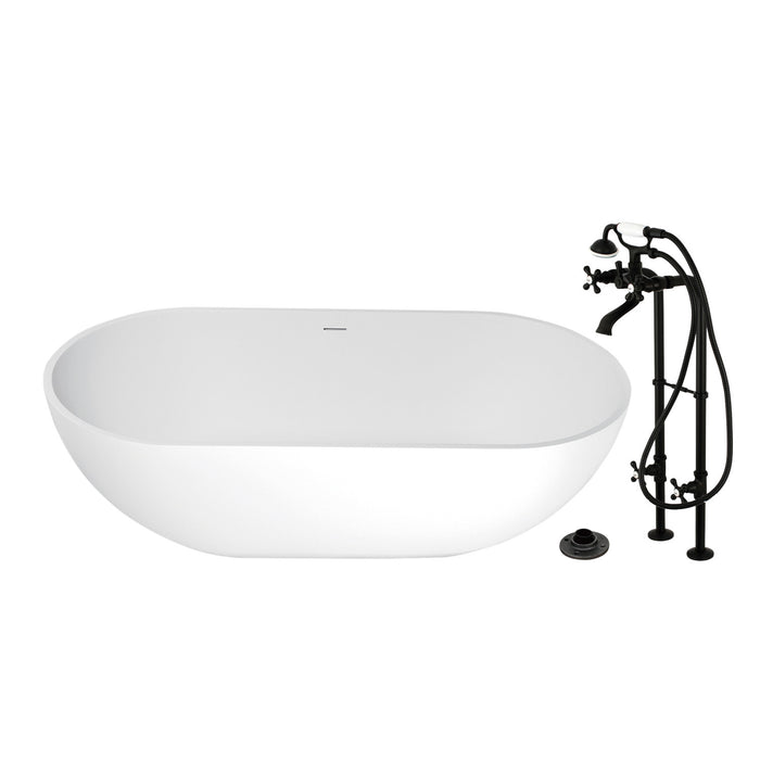 Kingston Tulare KRTRS7035266K0 - Arcticstone 70-Inch Solid Surface Oval Double Ended Freestanding Tub with Faucet Combo and Drain, Matte Black