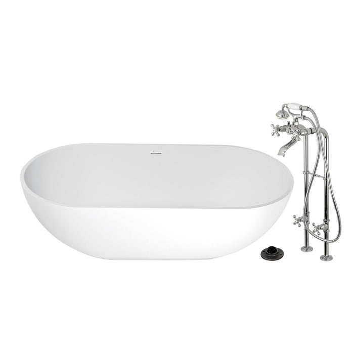 Kingston Tulare KRTRS7035266K1 - Arcticstone 70-Inch Solid Surface Oval Double Ended Freestanding Tub with Faucet Combo and Drain, Polished Chrome