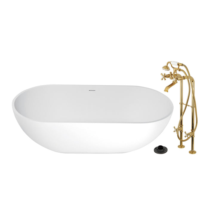 Kingston Tulare KRTRS7035266K2 - Arcticstone 70-Inch Solid Surface Oval Double Ended Freestanding Tub with Faucet Combo and Drain, Polished Brass