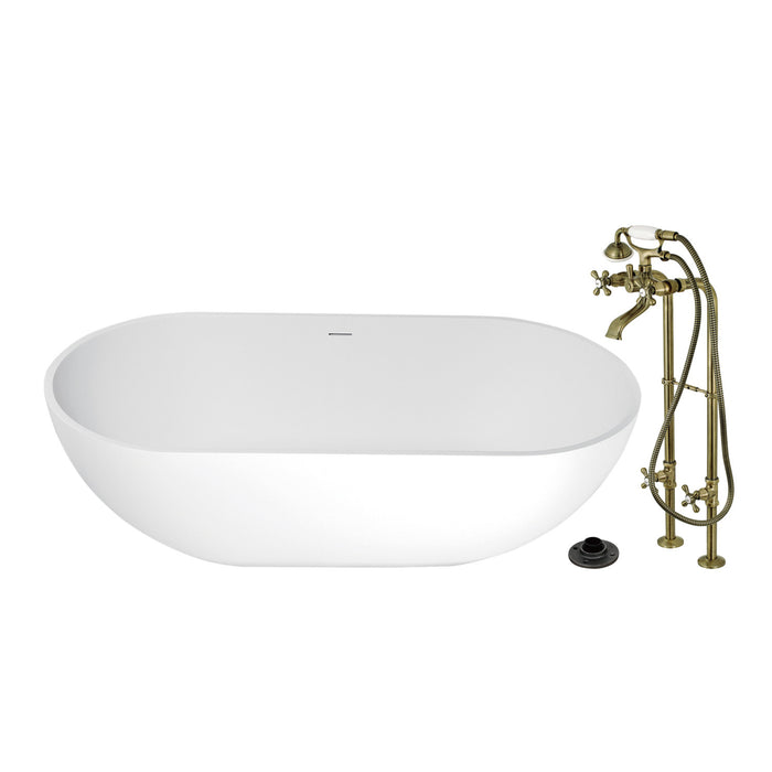 Kingston Tulare KRTRS7035266K3 - Arcticstone 70-Inch Solid Surface Oval Double Ended Freestanding Tub with Faucet Combo and Drain, Antique Brass