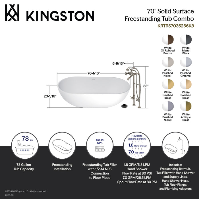 Kingston Tulare KRTRS7035266K6 - Arcticstone 70-Inch Solid Surface Oval Double Ended Freestanding Tub with Faucet Combo and Drain, Polished Nickel